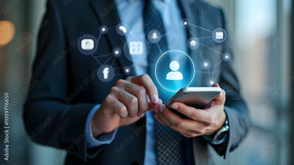 Poster business using mobile smartphone and icon network connection data with growth graph customer digital