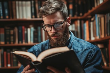 A thoughtful man reads a large book in a library, revealing a quiet focus and depth in a intellectual environment.