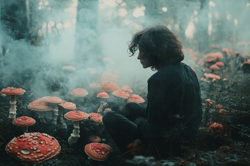A lone figure surrounded by vibrant mushrooms in a misty, magical forest atmosphere, evoking mystery and serenity.