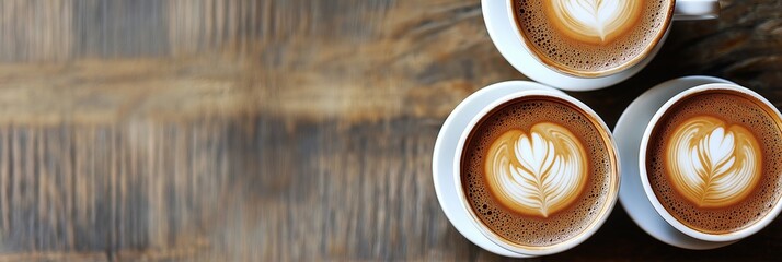 Two beautifully crafted cups of coffee with intricate latte art, resting on a rustic wooden table.