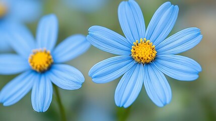 Fototapeta premium A pair of blue blossoms resting atop a sea of green and yellow petals, framed by a hazy backdrop