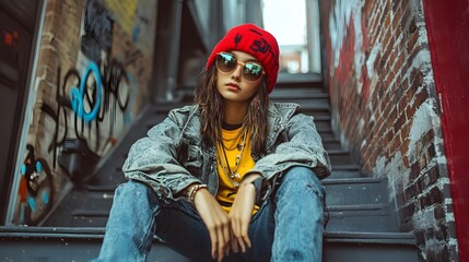 Stylish young woman in casual streetwear sitting on urban stairs with graffiti-covered walls in the background