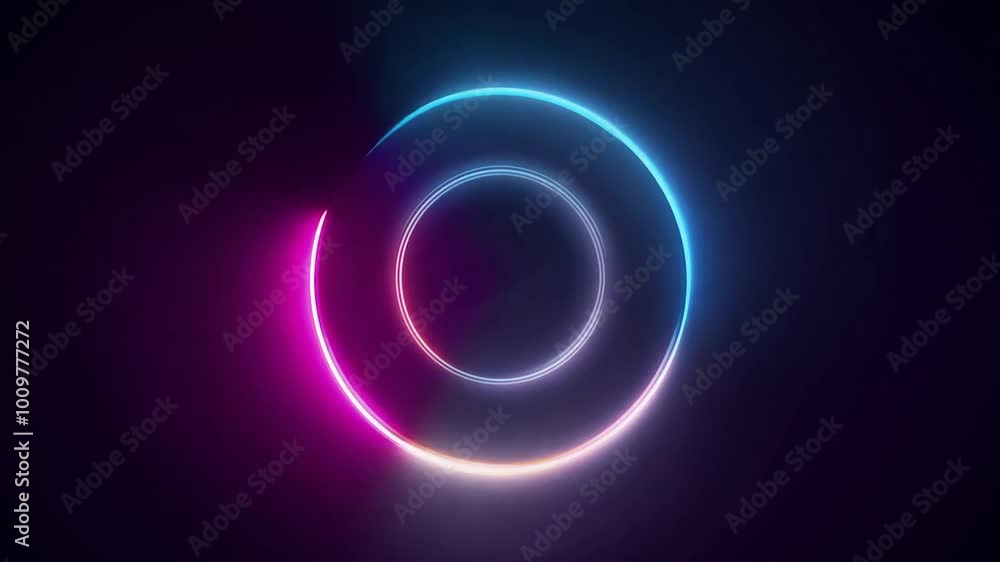 Poster glowing neon light forms a colorful circle, rotating against a dark background. this seamless animat