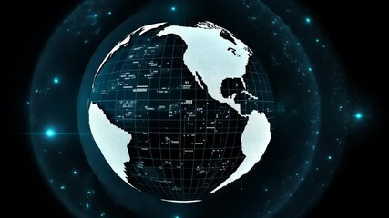 A digital rendering of the Earth with a grid overlay and blue lights surrounding it - Powered by Adobe