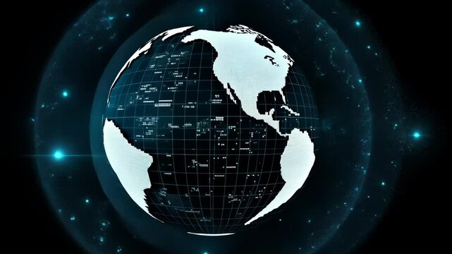 A digital rendering of the Earth with a grid overlay and blue lights surrounding it
