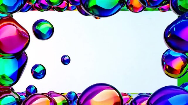 Six empty frames surrounded by shiny, colorful animated bubbles on a white background. Perfect for showcasing pictures or videos