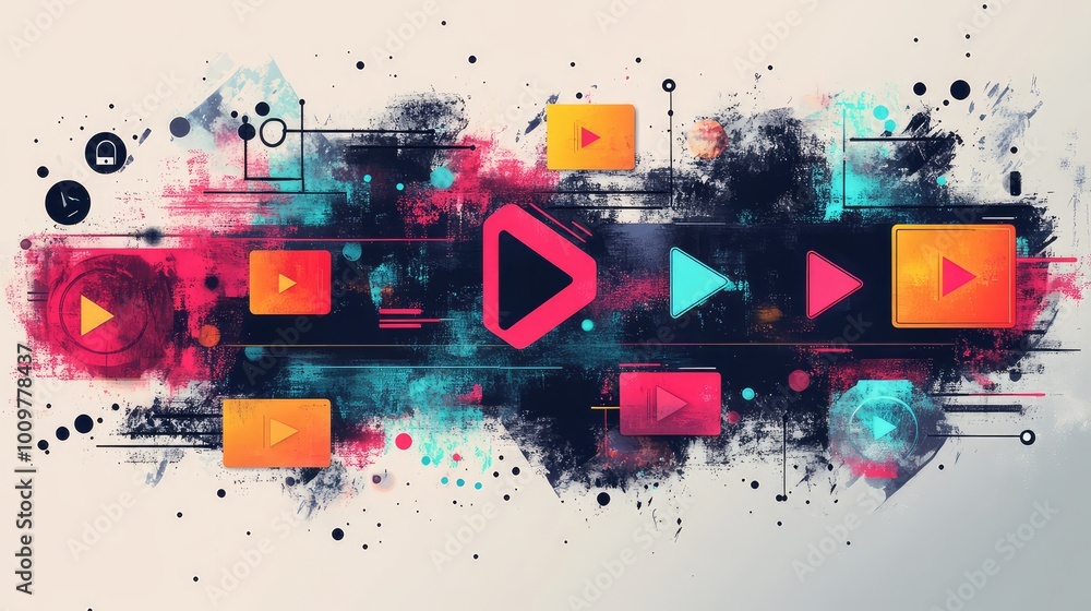 Poster abstract design featuring multimedia elements like play buttons and icons in a textured layout
