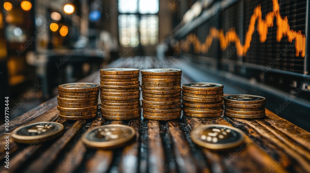 Poster stacked coins representing currency values in a financial setting with fluctuating market graphs in 