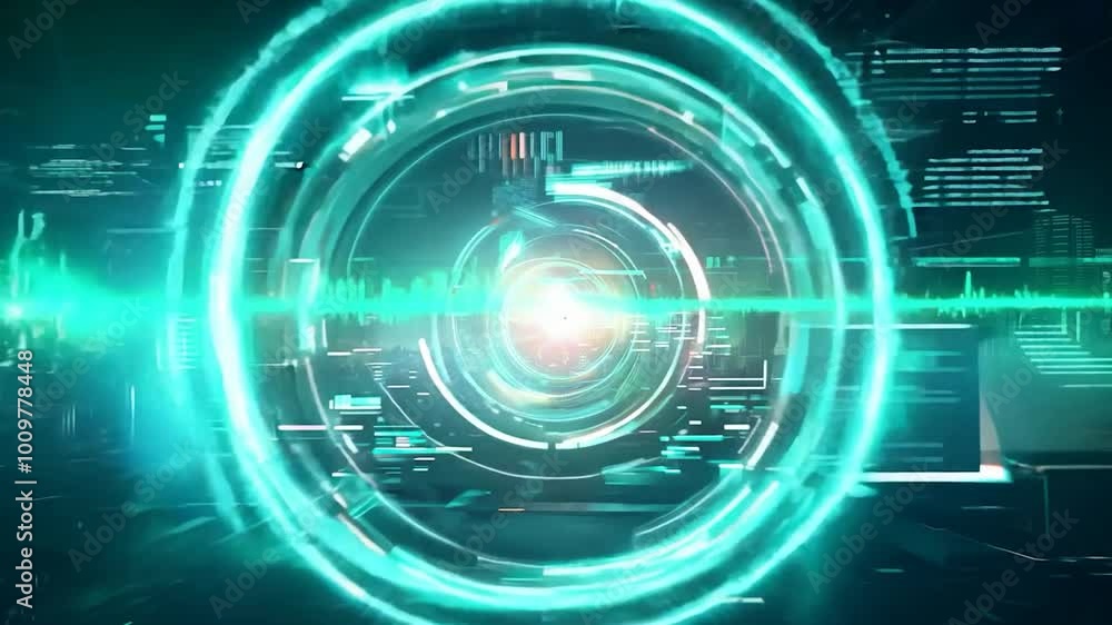 Poster glowing digital target hud elements scan a futuristic city skyline at night, transitioning colors fr