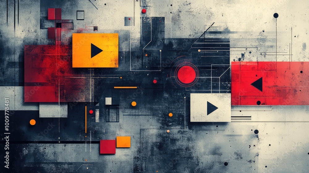 Poster abstract design featuring multimedia elements like play buttons and icons in a textured layout