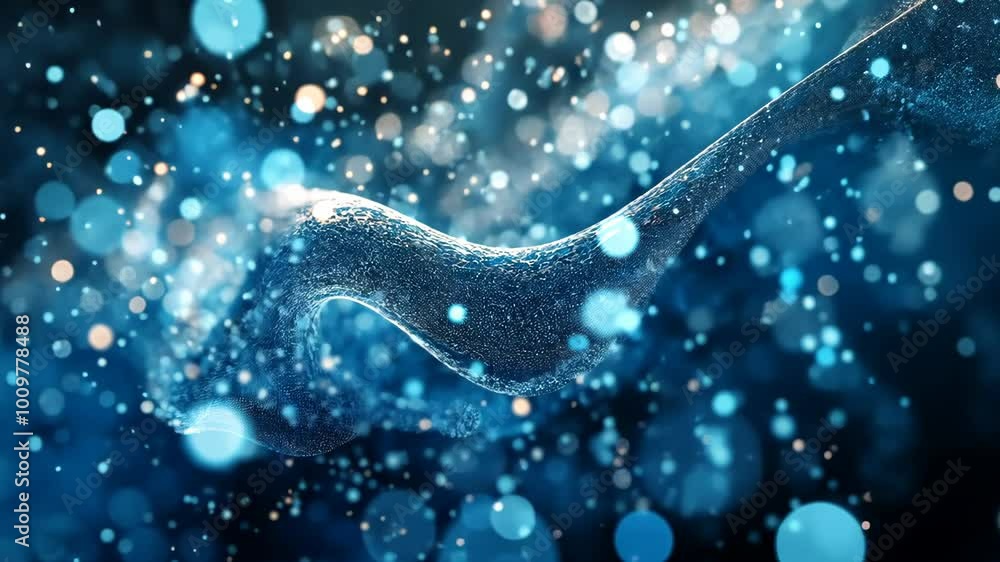 Poster a blue wave of particles shimmers and sparkles, creating an abstract and mesmerizing scene