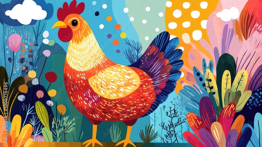 Poster vibrant abstract chicken illustration featuring playful shapes and patterns in a colorful design