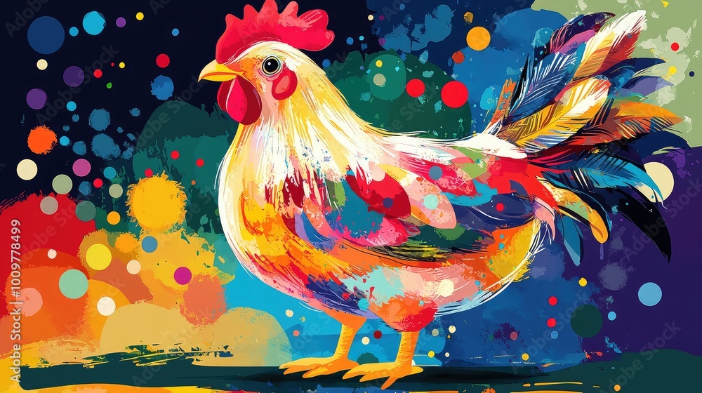 Poster vibrant abstract chicken illustration featuring playful shapes and patterns in a colorful design