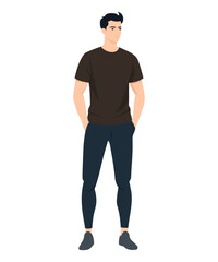 Vector illustration of a woman in a black t-shirt and black pants. Black minimalism