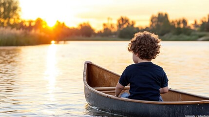 A young boy with curly hair enjoys a peaceful evening in an old wooden canoe, gazing at the vibrant sunset over the calm river