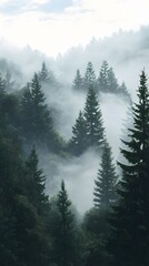 Fototapeta premium A dense pine forest with mist rising from the trees, creating an ethereal atmosphere