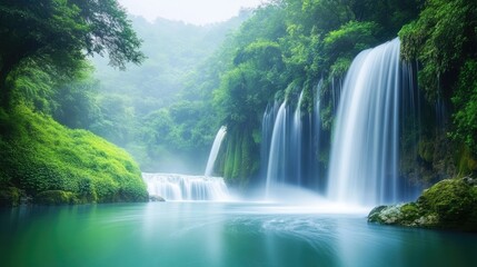 Serene Waterfall Cascading Through Lush Forested Landscape