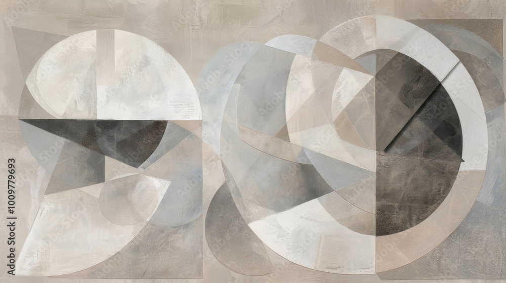 Poster abstract geometric shapes in neutral tones on textured paper, featuring muted grays and beiges with 