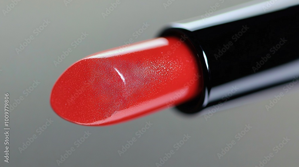 Aufkleber a close-up photo of a red lipstick with a black tip on a gray backdrop and a white tip on its tip