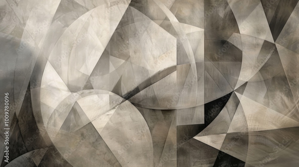 Poster abstract geometric shapes in neutral tones on textured paper, featuring muted grays and beiges with 