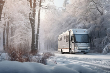 motorhome or big family van in a road trip, winter forest natural background. High quality photo created with generative ai technology