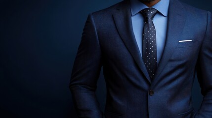 A well-dressed man in a navy suit with a polka dot tie stands confidently against a dark background, showcasing style and elegance