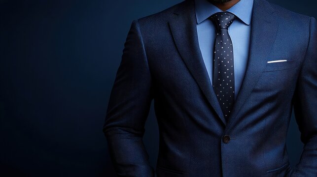 A well-dressed man in a navy suit with a polka dot tie stands confidently against a dark background, showcasing style and elegance