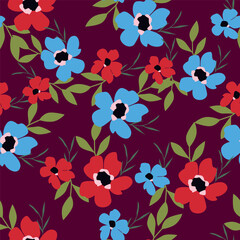 blue seamless vector stock flowers with leaves pattern on cream background