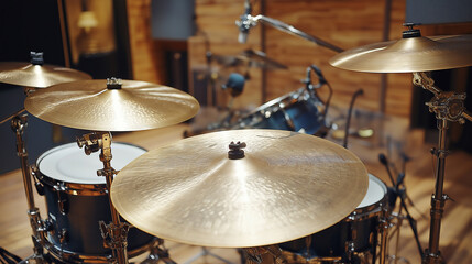 Obraz premium Professional drum set with cymbals in a recording studio environment