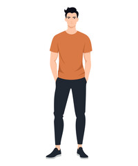 Naklejka premium Vector illustration of a man wearing an orange T-shirt and black trousers, creating a stylish and minimalistic look.