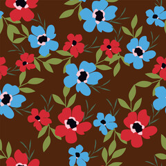 blue seamless vector stock flowers with leaves pattern on cream background