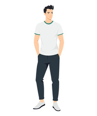 Vector illustration on a white background. A man in a white t-shirt and black pants. Minimalist style.