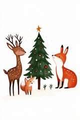 Handdrawn illustration of woodland animals including a deer rabbit and fox gathering around a Christmas tree in a snowy forest Perfect for holiday cards and winterthemed prints with a whimsical and jo
