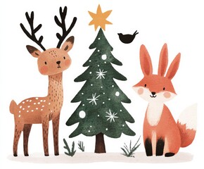Fototapeta premium Handdrawn illustration of woodland animals including a deer rabbit and fox gathering around a Christmas tree in a snowy forest Perfect for holiday cards and winterthemed prints with a whimsical and jo