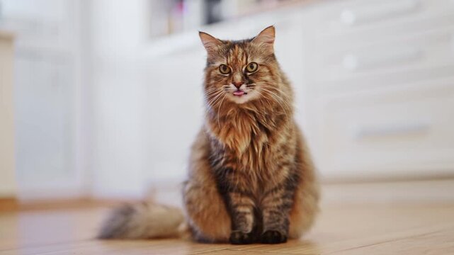 The kitty is sitting and meowing in the kitchen. 4k footage