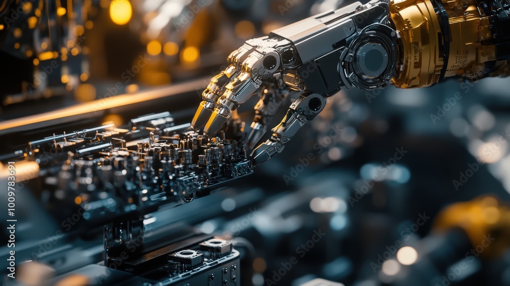 Poster the robotic manipulator delicately positions and assembles small components within a high-tech manuf