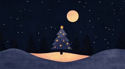 Fototapeta premium Illustration of a snowcovered forest with a glowing Christmas tree in the center surrounded by twinkling stars and a full moon Perfect for holiday cards and festive winter greetings with a magical and