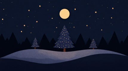 Naklejka premium Illustration of a snowcovered forest with a glowing Christmas tree in the center surrounded by twinkling stars and a full moon Perfect for holiday cards and festive winter greetings with a magical and