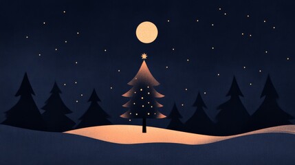 Naklejka premium Illustration of a snowcovered forest with a glowing Christmas tree in the center surrounded by twinkling stars and a full moon Perfect for holiday cards and festive winter greetings with a magical and