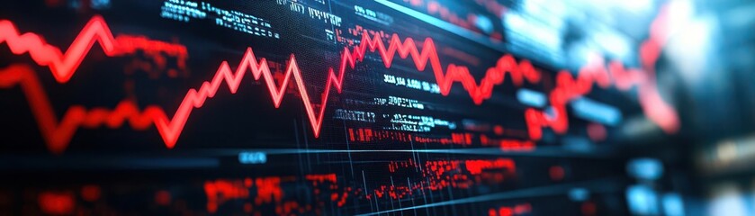 Fototapeta premium Dynamic stock market graph displaying downward trend with red lines and data metrics. Perfect for finance and trading concepts.