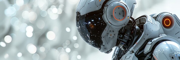 Fototapeta premium Close-up of a futuristic robot's head, showcasing advanced AI and technology, ideal for depicting science fiction or innovation themes.