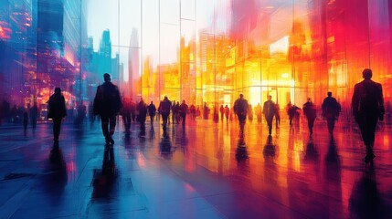 Cityscape with Silhouettes of People Walking