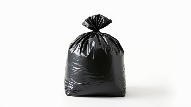 Black garbage bag on white background