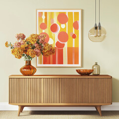 A contemporary interior, table featuring a sleek, floral arrangement, abstract modern art on the wall. Generated by AI.