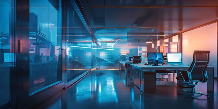 Advanced workstation setup, high-tech ambiance, sleek monitors, modern corporate space, efficient work environment.