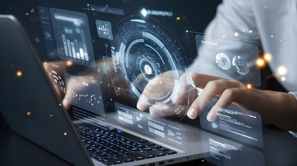 Fototapeta premium Businessman Working on Laptop with Digital Interface and Data Visualizations