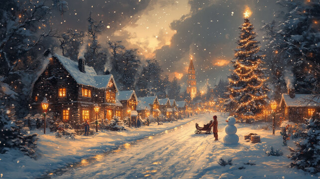 Cozy winter village scene with glowing Christmas lights and snowy ambiance. AI Generative