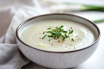 Creamy soup in a white bowl, garnished with chopped green onions and black pepper.