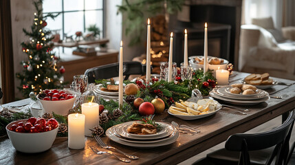 A wooden table set for a Christmas dinner, decorated with white candles, red and gold ornaments, and a green garland.
