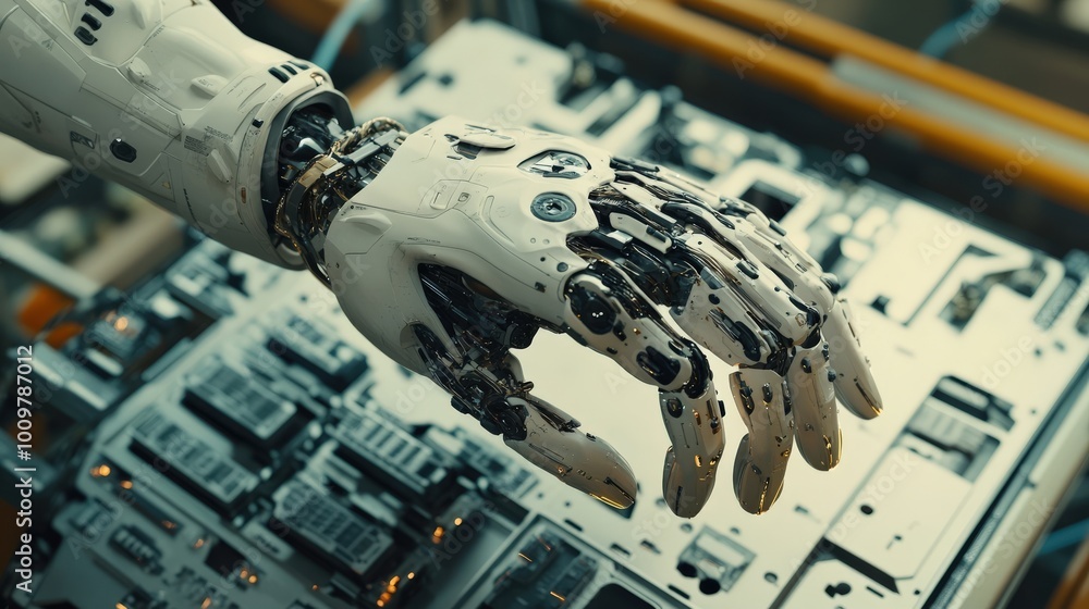 Poster a robotic hand is seen precisely manipulating small electronic components within a state-of-the-art 